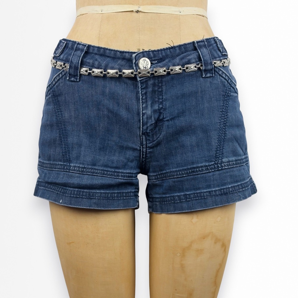 Y2K Womens 30 Dark Wash Denim Shorts Flap Pocket Cyber McBling 2000s Summer